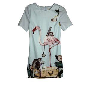 Yumi Light Blue Flamingo & Monkey Print Dress Women's‎ Size 2 Art to Wear